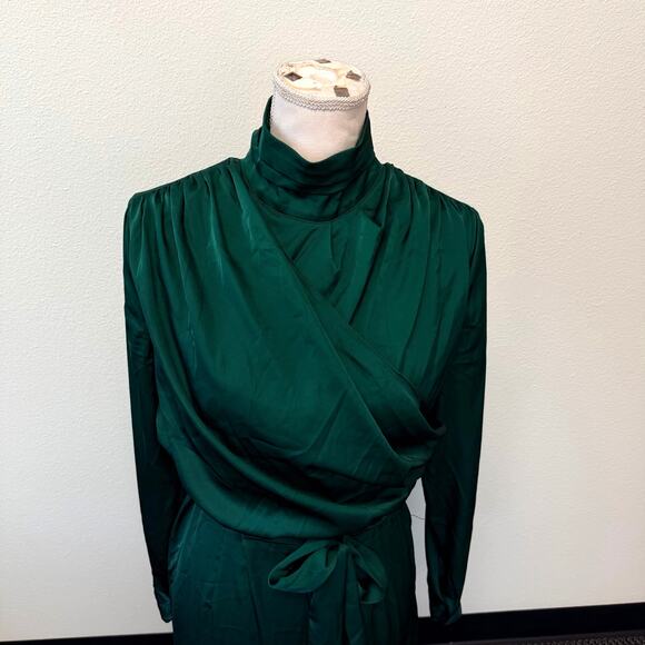 Alexa Admor Emerald Green Long Dress Rouched Sleeve High Neck Draped Satin Sz 8 - Picture 4 of 14